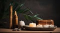 Spa still life with stacked of stone,burning candle and bamboo leaf, generative ai