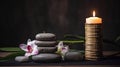 Spa still life with stacked of stone,burning candle and bamboo leaf, generative ai Royalty Free Stock Photo