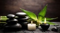 Spa still life with stacked of stone, flower and bamboo leaf, generative ai Royalty Free Stock Photo