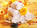 Spa still life with towel in wood spa. Royalty Free Stock Photo