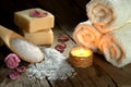 Spa still life with towels and candle Royalty Free Stock Photo