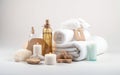 Spa still life with towels, candles and massage oil on white background, Generative AI Royalty Free Stock Photo