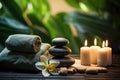 Spa still life with zen stones, candles and orchid flower, Spa concept with eucalyptus oil and eucalyptus leaf extract natural Royalty Free Stock Photo