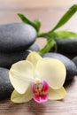 Spa stones, beautiful orchid flower and bamboo sprout on wooden table, closeup Royalty Free Stock Photo