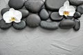 Spa stones and beautiful orchid flowers on grey textured background Royalty Free Stock Photo