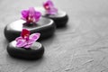 Spa stones and beautiful orchid flowers on grey textured background Royalty Free Stock Photo