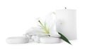 Spa stones, candle and fresh flower isolated Royalty Free Stock Photo