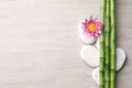 Spa stones, flower and bamboo stems on light wooden table, flat lay. Space for text Royalty Free Stock Photo