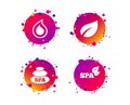 Spa stones icons. Water drop with leaf symbols. Vector