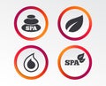 Spa stones icons. Water drop with leaf symbols. Royalty Free Stock Photo