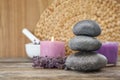 Spa stones with lavender flowers, candle Royalty Free Stock Photo