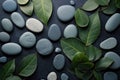 Spa stones and leaves flat lay. Generativa AI Royalty Free Stock Photo