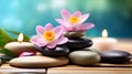 Spa stones with lotus flower and candles on wooden table on natural background Royalty Free Stock Photo