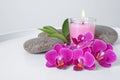 Spa stones, orchid flowers and candle on white Royalty Free Stock Photo