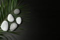 Spa stones and palm leaf on black background, top view Royalty Free Stock Photo