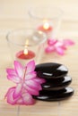 Spa stones and pink flowers over bamboo mat Royalty Free Stock Photo