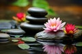 Spa stones and waterlily in zen garden. Generative AI Royalty Free Stock Photo