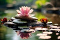 Spa stones and waterlily in zen garden. Generative AI Royalty Free Stock Photo