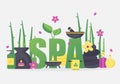 Spa symbols and accessories, vector illustration. Wellness center brochure cover, professional healthcare advertising