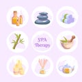 Spa therapy icons round stickers for wellness salon. Relax massage vector illustration. Body health nature concept