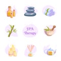 Spa therapy icons set on white background for wellness salon. Relax massage vector illustration. Body health nature Royalty Free Stock Photo