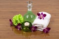 Spa(towel, orchids, candle, bath gel and sponge) Royalty Free Stock Photo