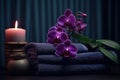 Spa towels and orchids, in the style of dark purple and dark gray Generative AI