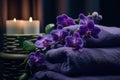 Spa towels and orchids, in the style of dark purple and dark gray Generative AI