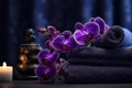 Spa towels and orchids, in the style of dark purple and dark gray Generative AI