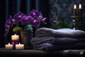 Spa towels and orchids, in the style of dark purple and dark gray Generative AI