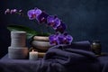 Spa towels and orchids, in the style of dark purple and dark gray Generative AI