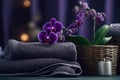 Spa towels and orchids, in the style of dark purple and dark gray Generative AI