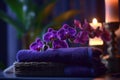 Spa towels and orchids, in the style of dark purple and dark gray Generative AI