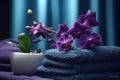 Spa towels and orchids, in the style of dark purple and dark gray Generative AI