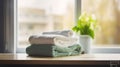 Spa towels on wooden table over blurred salon window background, Generative AI Royalty Free Stock Photo