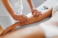 Spa treatment. Body care. Massage of human hand in spa salon.