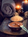 Spa treatment. Chocolate mask, bath salt, brown sugar scrub Royalty Free Stock Photo