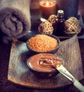 Spa treatment. Chocolate mask, bath salt, brown sugar scrub Royalty Free Stock Photo