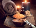 Spa treatment. Chocolate mask, bath salt, brown sugar scrub Royalty Free Stock Photo