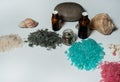 Colored crystals of sea salt, small bottles of essential oils, shells and corals on a white background. Royalty Free Stock Photo