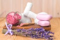 Spa treatment facilities - lavender sea salt, soap and herbal massage Royalty Free Stock Photo