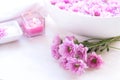 Spa treatment and product for female spa with pink flower and rock stone, relax and wellness mood. select focus,