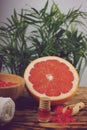 Spa treatment set with red bath salt, massage oil and towel next to red grapefruit and palm Royalty Free Stock Photo