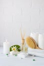 Spa treatment - towels aromatic soap, bath salt, and oil, and accessories for massage Royalty Free Stock Photo