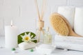 Spa treatment - towels aromatic soap, bath salt, and oil, and accessories for massage Royalty Free Stock Photo