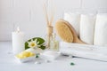 Spa treatment - towels aromatic soap, bath salt, and oil, and accessories for massage Royalty Free Stock Photo