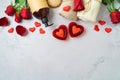 Spa treatment for Valentine`s day background with  towels, rose flowers and candles. Top view, flat lay Royalty Free Stock Photo