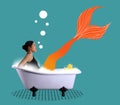 Spa treatments. Contemporary art collage, modern design. Beautiful sensual woman, fairy-tail mermaid in bathtube over Royalty Free Stock Photo