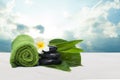 Spa tropical objects with green towel for therapy. Royalty Free Stock Photo