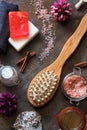 Spa and Wellness - Bath brush, Towel, Sea salt and Homemade soap Royalty Free Stock Photo